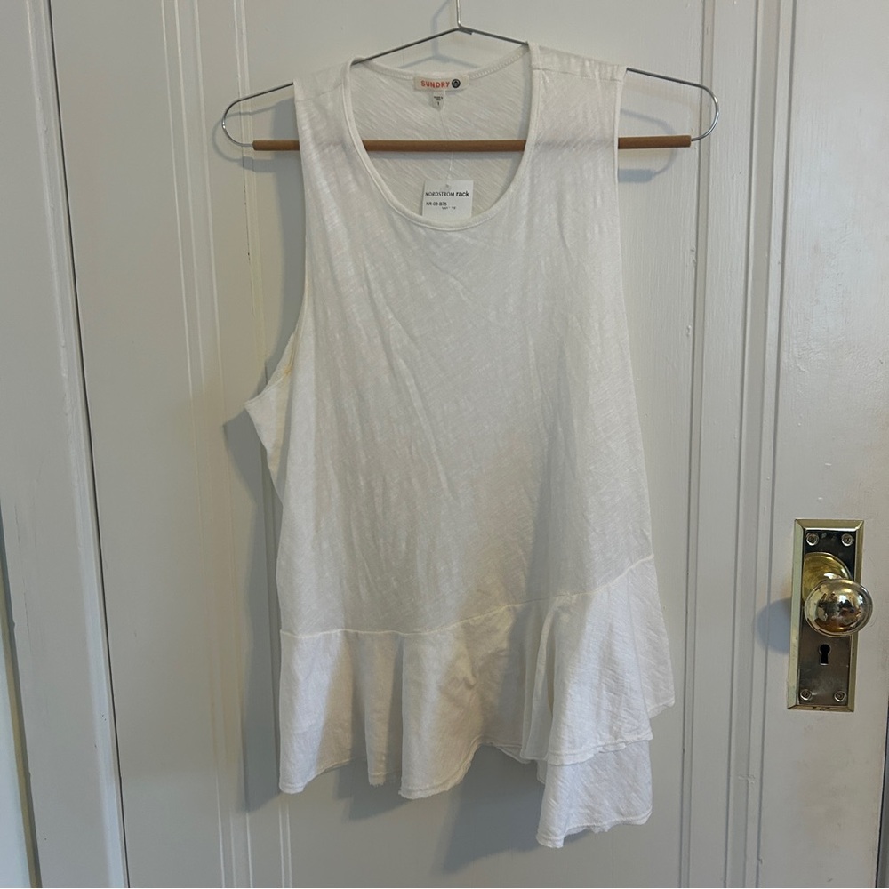 Sundry Cotton White Asymmetrical Ruffled Tank Top